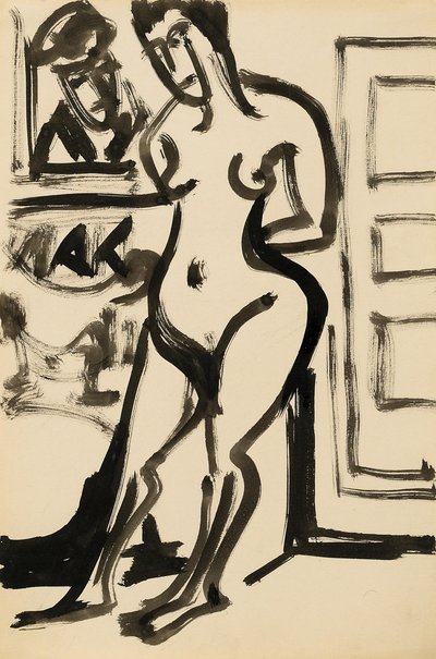 Desnudo de pie frente a una pintura en el estudio de Ernst Ludwig Kirchner